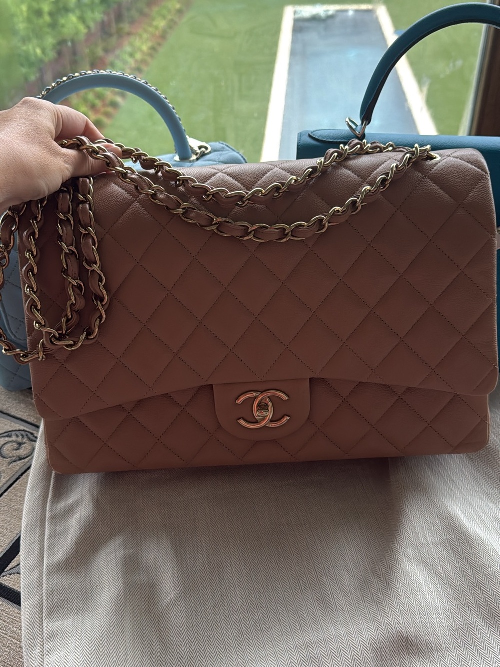 CHANEL Quilted Shoulder Bag in Brown Beige with Gold Hardware